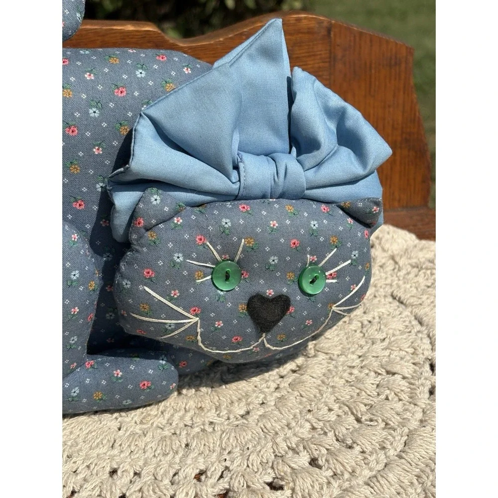 Vintage Handmade Blue Floral Fabric Cat Figure Pillow Cushion 8